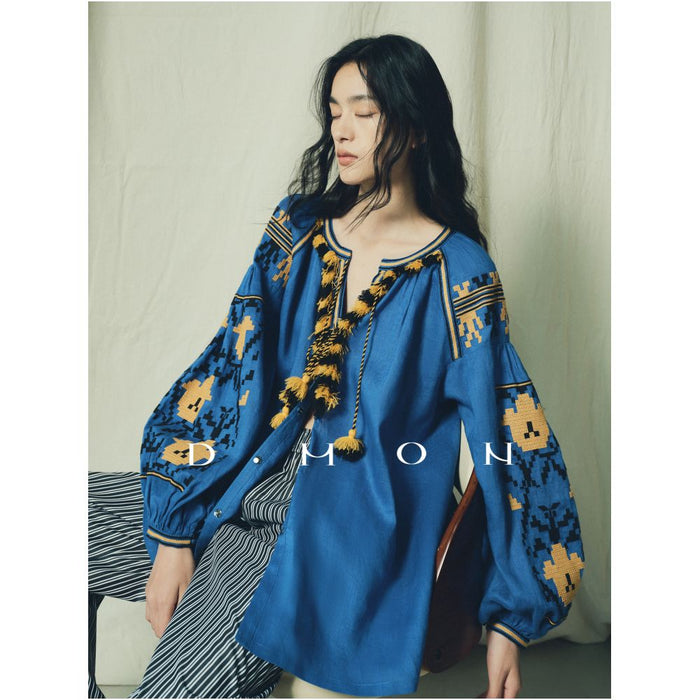 DMON South French Holiday 100 Linen Dress Top Heavy Embroidery Showcases Romantic Style image 4