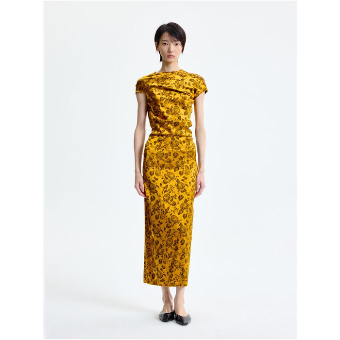 Ms MIN Warm Sunshine Golden Silk Jacquard Diagonal Cut Dress image 0