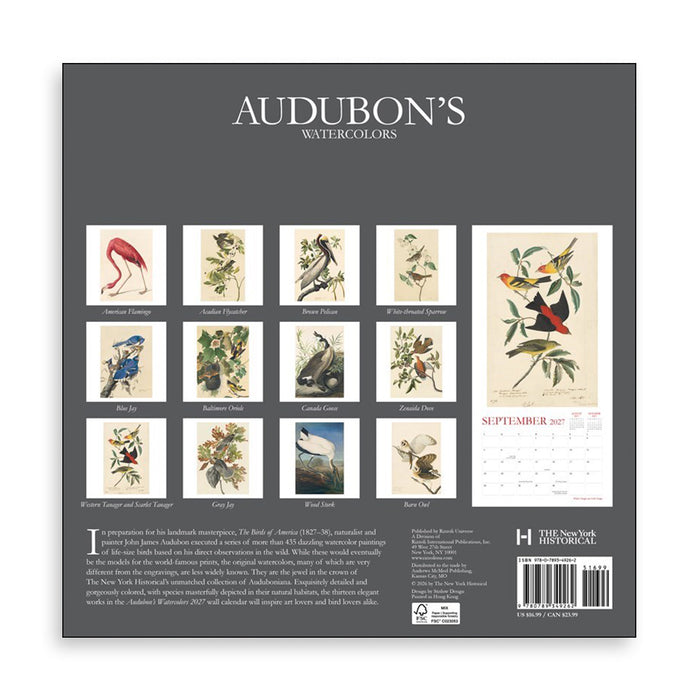 Audubon's Watercolors 2027 calendar by The New York Historical Society, featuring a dark gray cover with twelve vintage bird illustrations and a large September 2027 page preview.