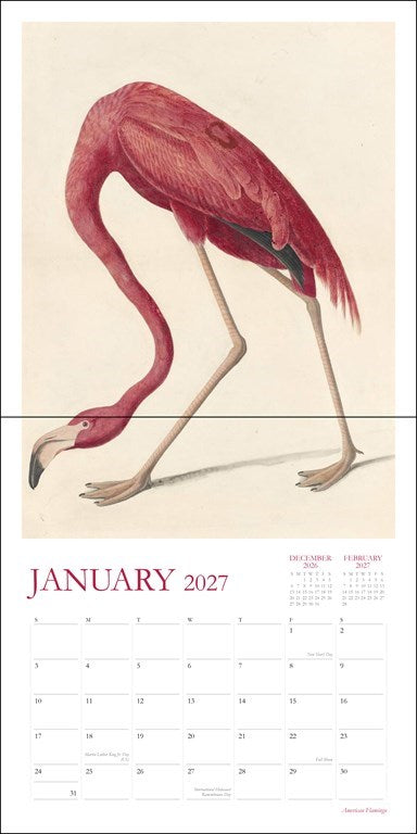 A January 2027 wall calendar page featuring a vintage-style illustration of a pink flamingo on a cream background, with the calendar grid below.