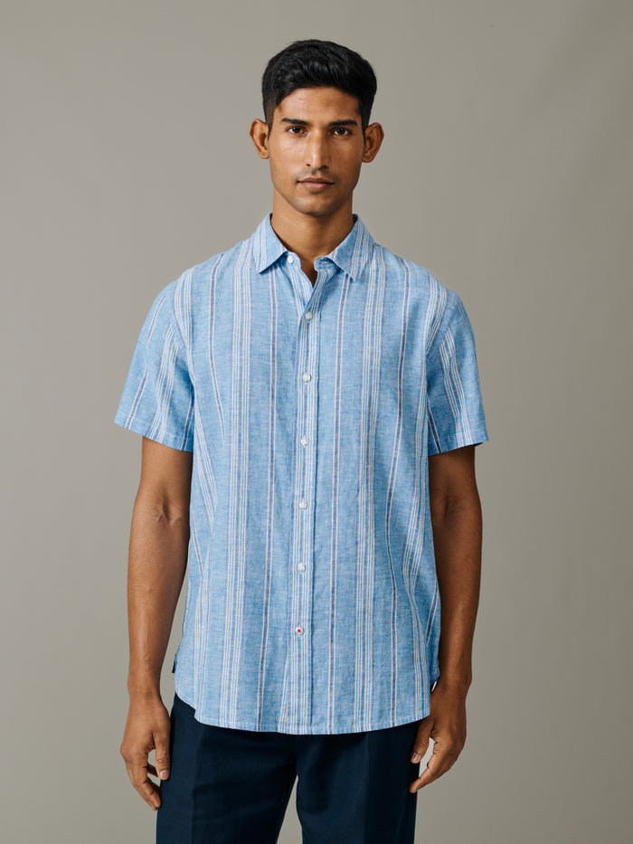Aubin Blue Irregular Stripe Austin Linen Blend Short Sleeved Shirt | Short Sleeve Shirt