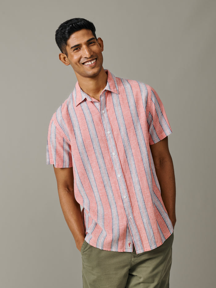 Aubin Coral Irregular Stripe Austin Linen Blend Short Sleeved Shirt | Short Sleeve Shirt