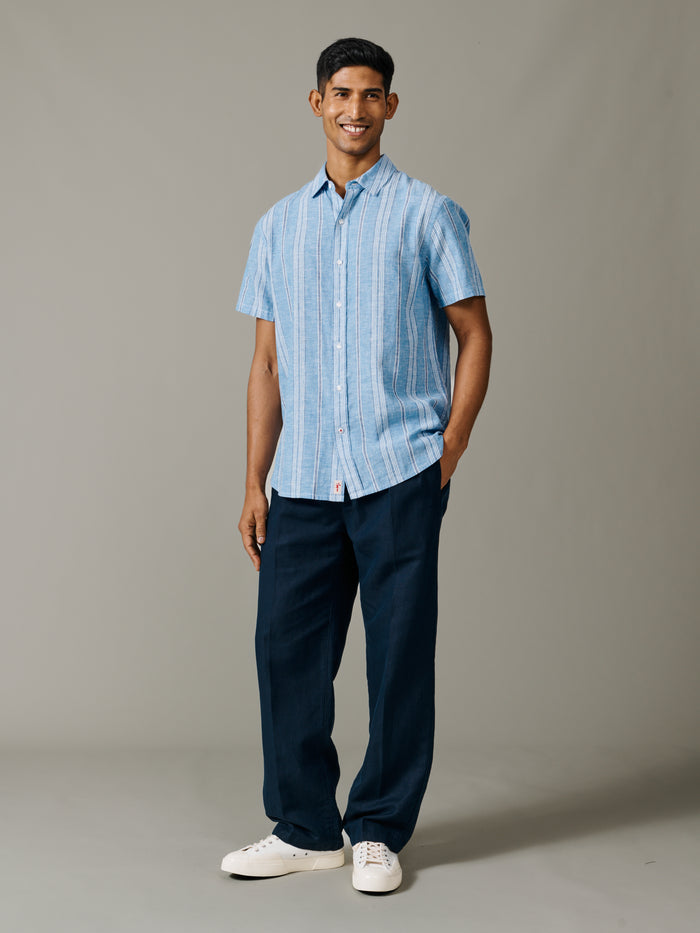 Aubin Blue Irregular Stripe Austin Linen Blend Short Sleeved Shirt | Short Sleeve Shirt