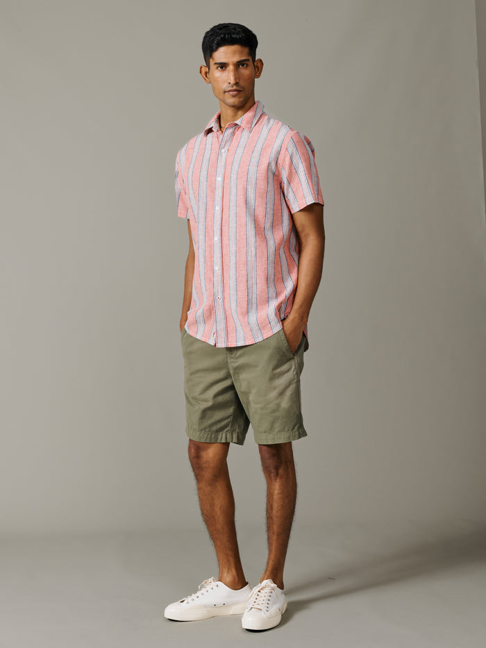 Aubin Coral Irregular Stripe Austin Linen Blend Short Sleeved Shirt | Short Sleeve Shirt