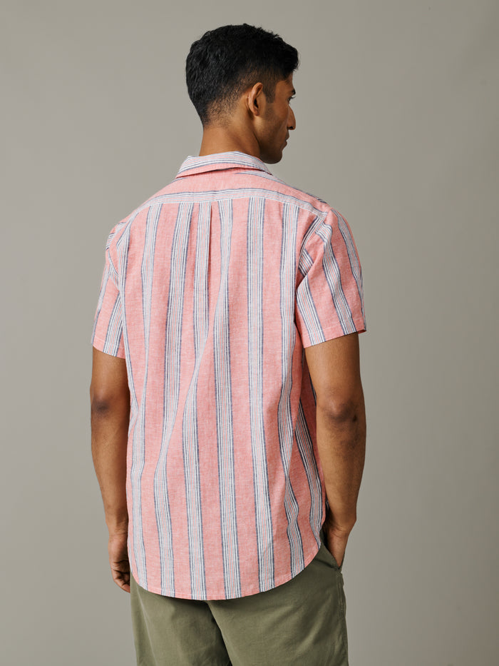 Aubin Coral Irregular Stripe Austin Linen Blend Short Sleeved Shirt | Short Sleeve Shirt