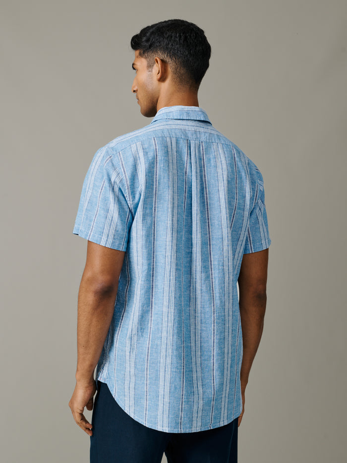 Aubin Blue Irregular Stripe Austin Linen Blend Short Sleeved Shirt | Short Sleeve Shirt