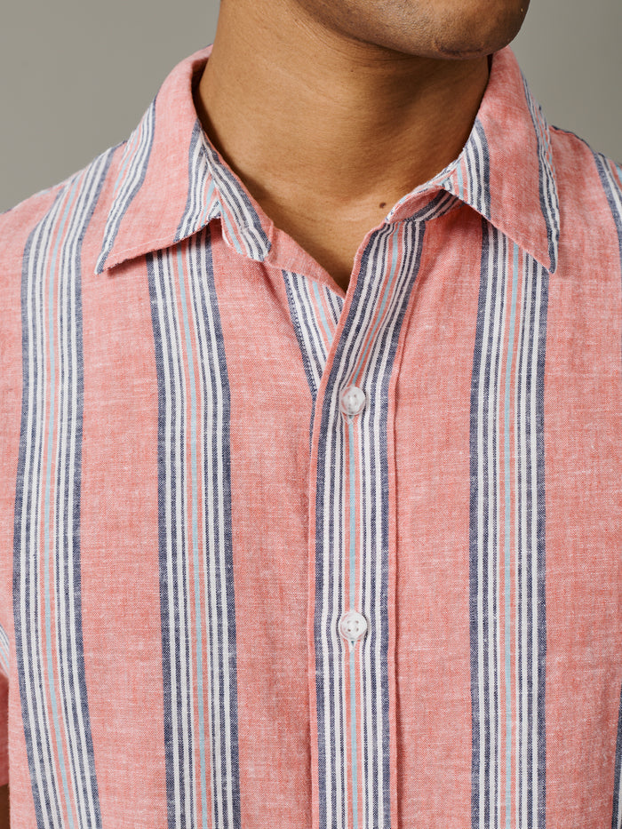 Aubin Coral Irregular Stripe Austin Linen Blend Short Sleeved Shirt | Short Sleeve Shirt