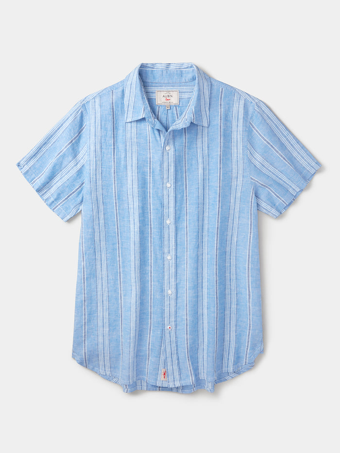 Aubin Blue Irregular Stripe Austin Linen Blend Short Sleeved Shirt | Short Sleeve Shirt