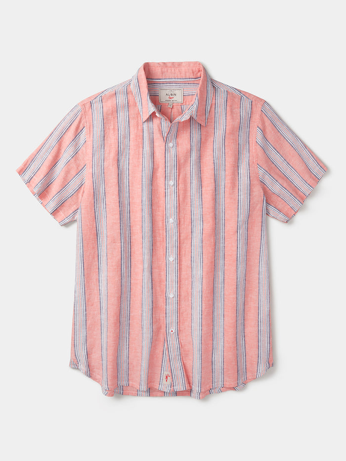 Aubin Coral Irregular Stripe Austin Linen Blend Short Sleeved Shirt | Short Sleeve Shirt