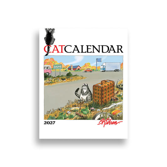 A 2027 cat calendar book cover shown against a plain white background. The cover features the title 'CATCALENDAR' with a black cat silhouette and red lettering, plus a colorful illustrated scene of a cat next to a suitcase on a roadside.