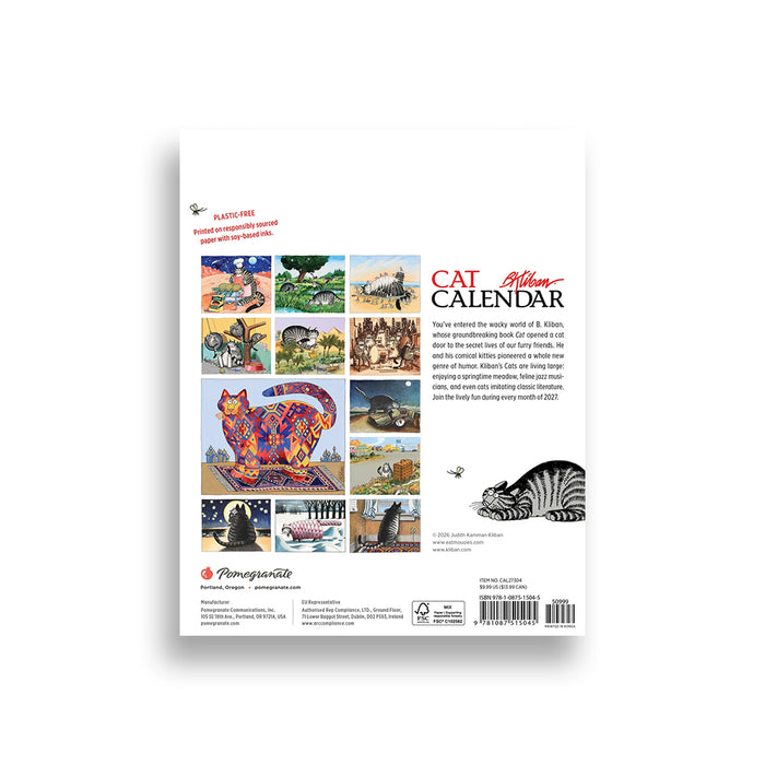 Back cover of the Philadelphia Cat Calendar, featuring a colorful collage of cats in Philadelphia, a large central cat illustration, a black-and-white cat drawing, and product details on a white background.