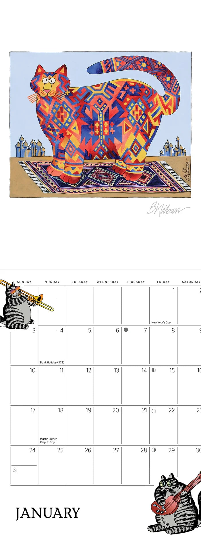 A January calendar page featuring a colorful patterned cat illustration at the top and several small cat illustrations around the calendar grid, with the word JANUARY at the bottom.