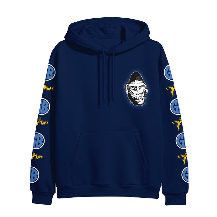 A navy blue Gorilla Biscuits hoodie featuring a large grinning ape face on the chest, blue circle logos with yellow script on both sleeves, a front pocket, and an adjustable hood.