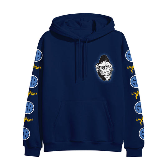 A navy blue Gorilla Biscuits hoodie featuring a large grinning ape face on the chest, blue circle logos with yellow script on both sleeves, a front pocket, and an adjustable hood.