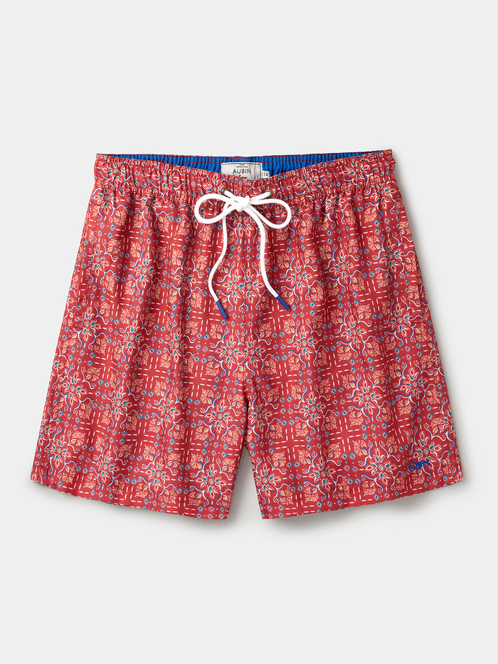 Aubin Red Tile Print Bardney Swim Short | Swim Shorts