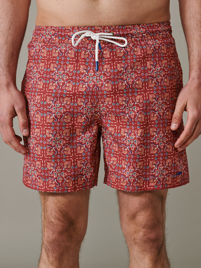 Aubin Red Tile Print Bardney Swim Short | Swim Shorts