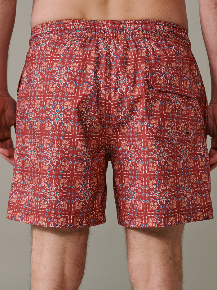 Aubin Red Tile Print Bardney Swim Short | Swim Shorts