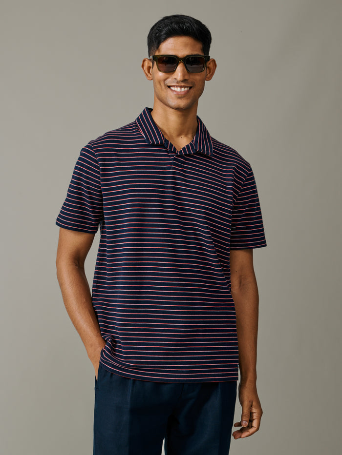 Aubin Navy Stripe Baysdale Open Collar Polo | Polo Shirts