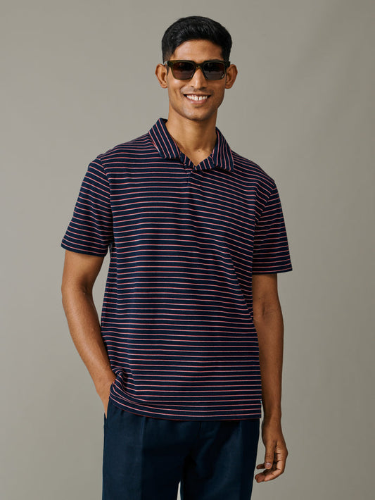 Aubin Navy Stripe Baysdale Open Collar Polo | Polo Shirts