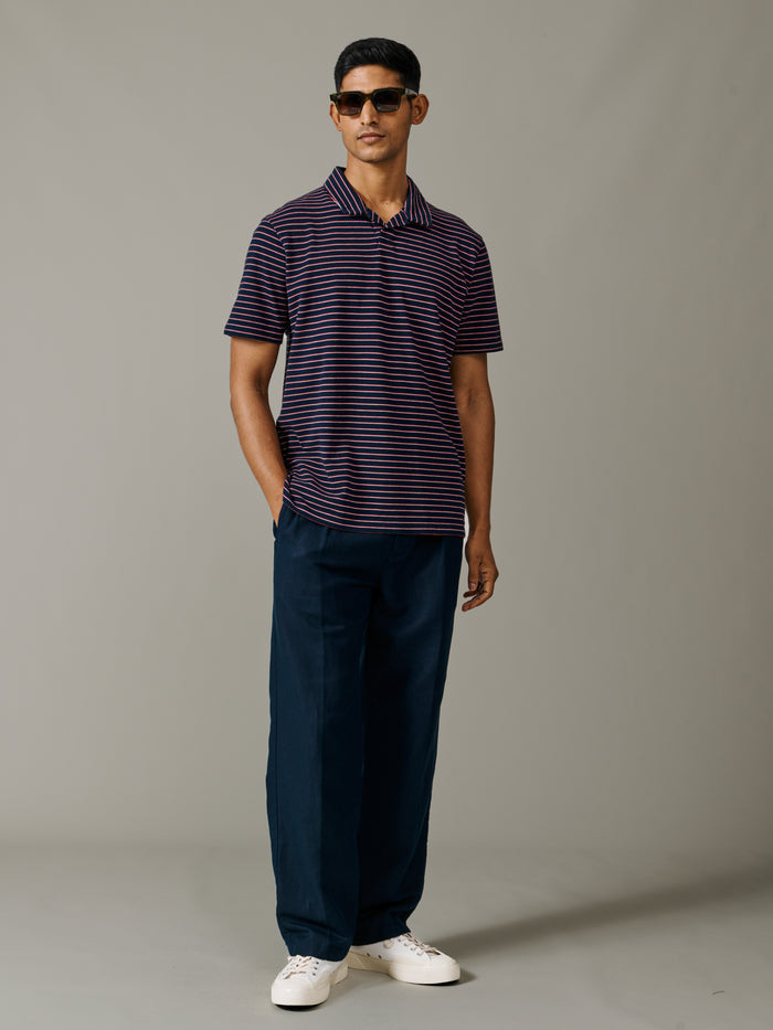 Aubin Navy Stripe Baysdale Open Collar Polo | Polo Shirts