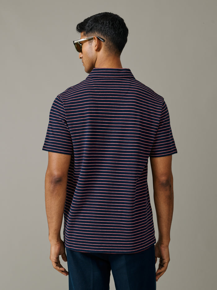 Aubin Navy Stripe Baysdale Open Collar Polo | Polo Shirts