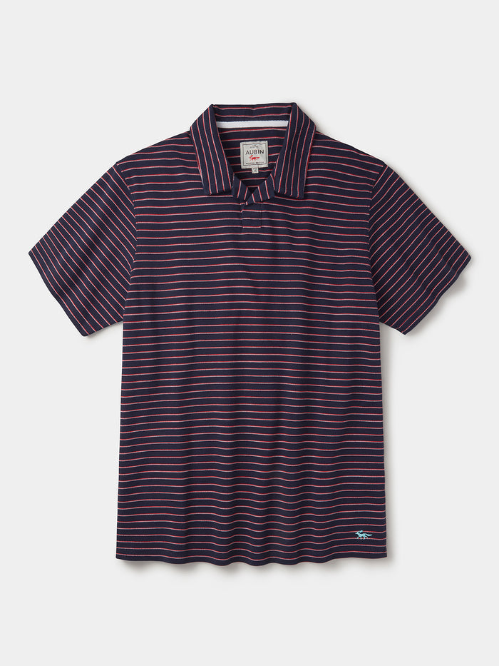 Aubin Navy Stripe Baysdale Open Collar Polo | Polo Shirts