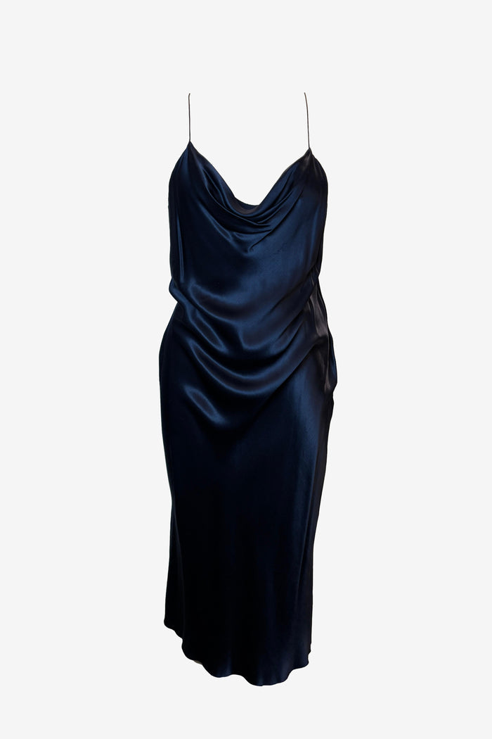 Bec & Bridge Cowl Neck Navy Blue Satin Sheath Midi Dress image 0