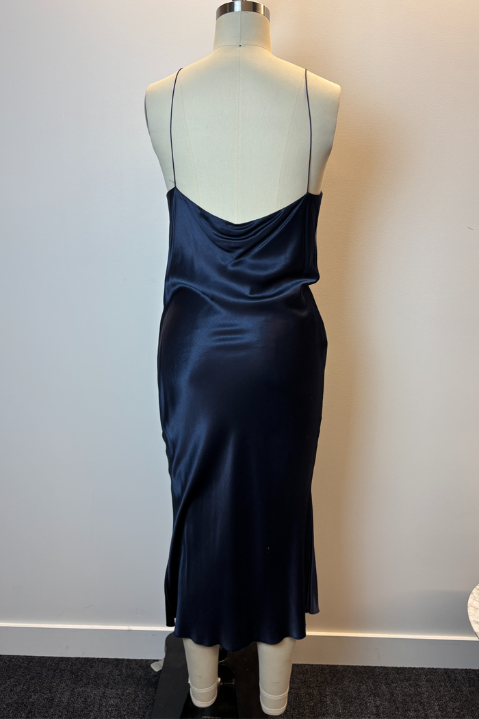 Bec & Bridge Cowl Neck Navy Blue Satin Sheath Midi Dress image 1
