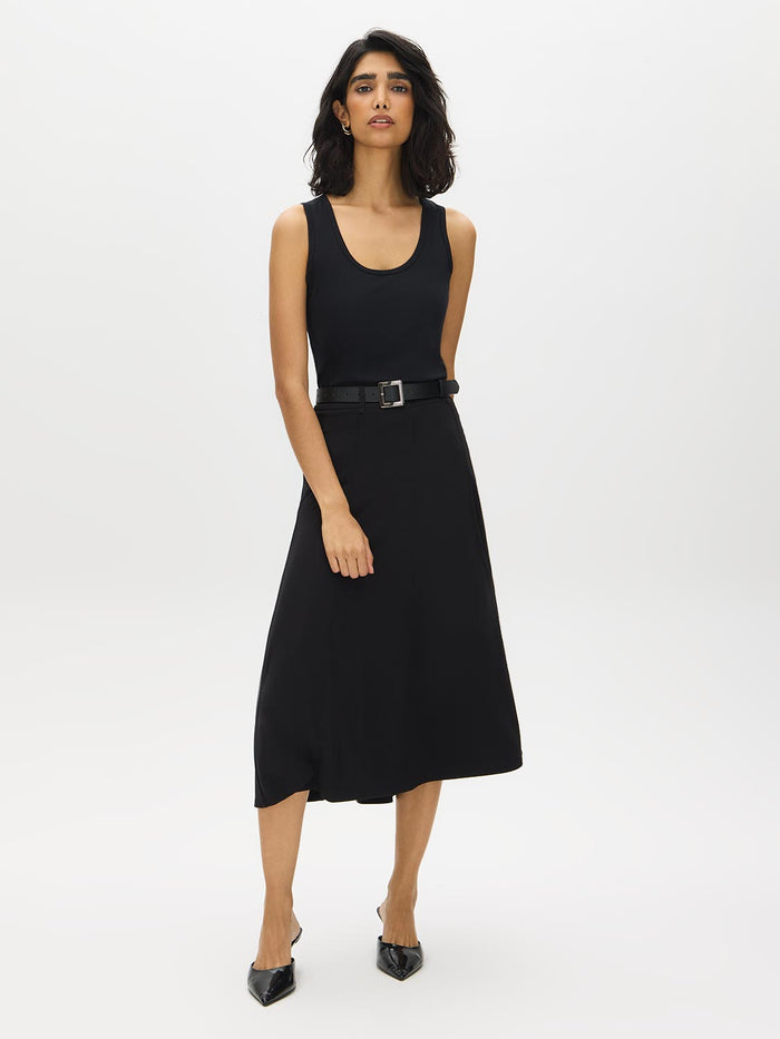 Black Faux leather  Belted Panelled Knit Skirt - Woman Wearing Paneled Knit Skirt - Suzy Shier