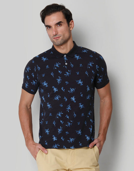 Black Floral Print Polo Neck T-Shirt