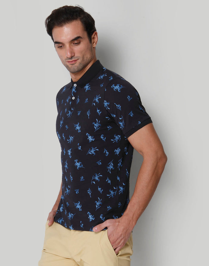 Black Floral Print Polo Neck T-Shirt