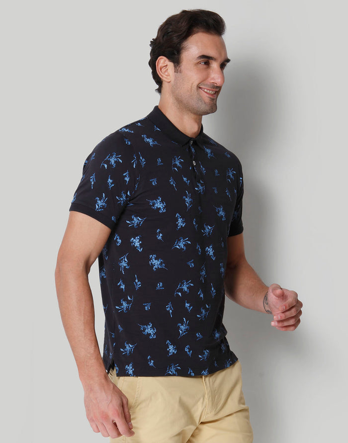 Black Floral Print Polo Neck T-Shirt