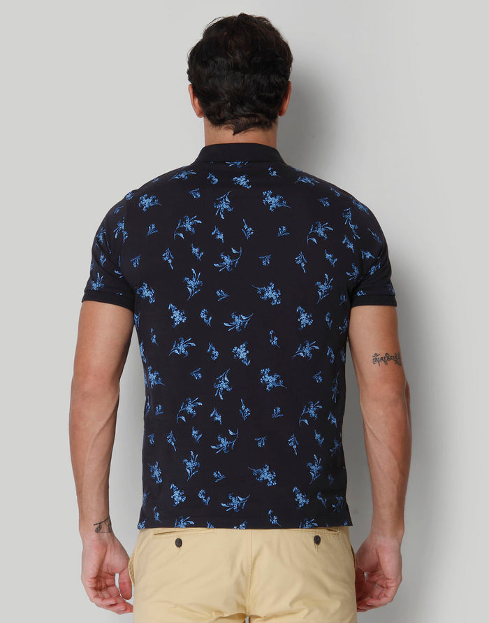 Black Floral Print Polo Neck T-Shirt