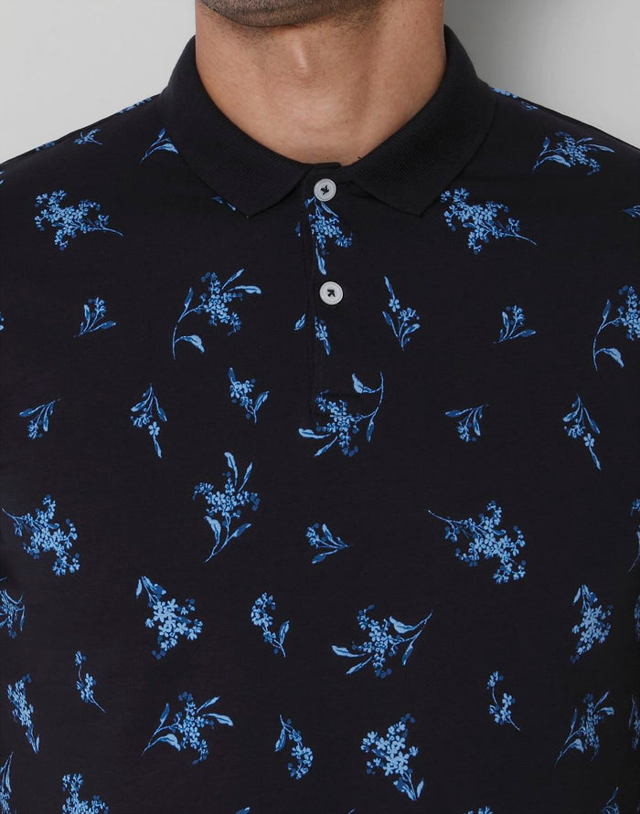 Black Floral Print Polo Neck T-Shirt