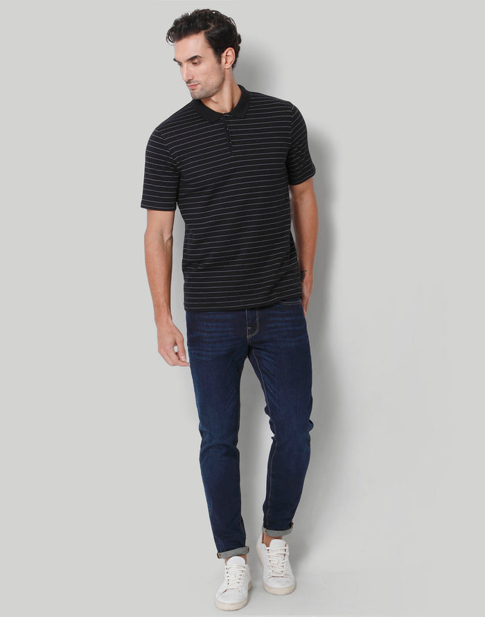 Black Striped Polo Neck T-Shirt