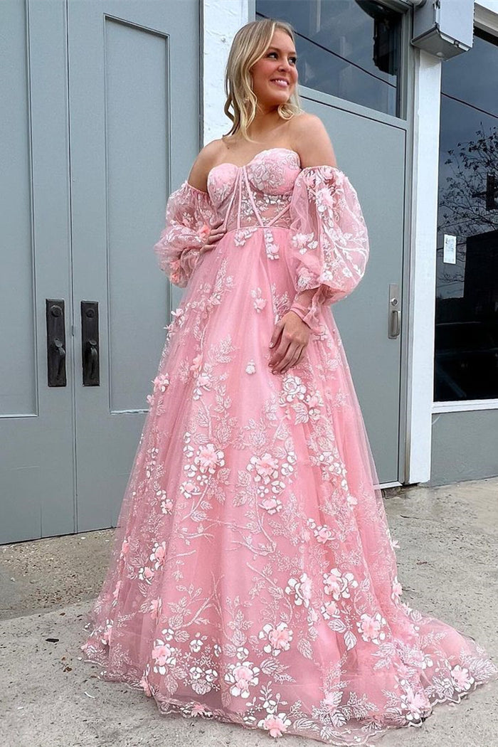 Blue 3D Floral Lace Sweetheart A-Line Prom Dress with Balloon Sleeves