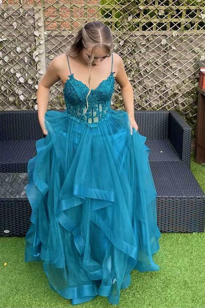 Blue A-line Spahetti Straps Appliques Ruffle-Layers Tulle Long Prom Dress