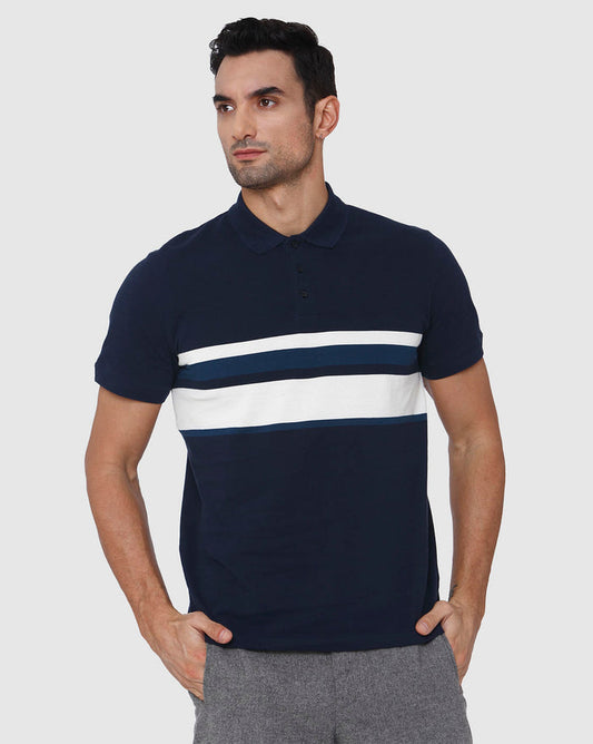 Blue Colourblocked Polo Neck T-Shirt