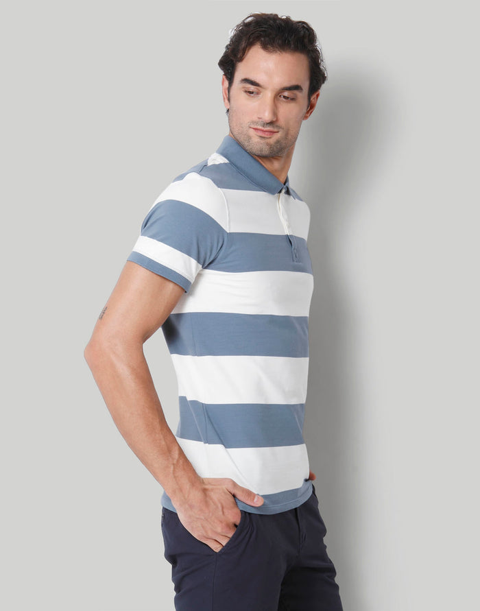 Blue Colourblocked Polo Neck T-Shirt