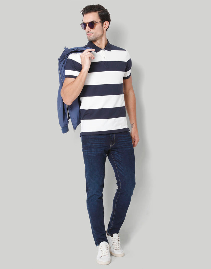 Blue Colourblocked Polo Neck T-Shirt