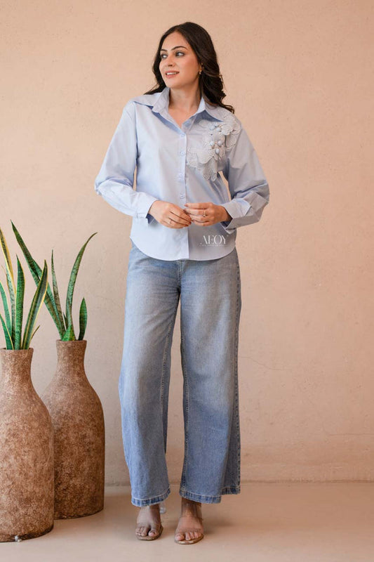 Blue cotton applique shirt women casual