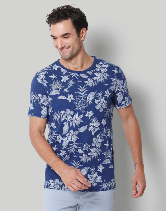 Blue Floral Print Crew Neck T-Shirt