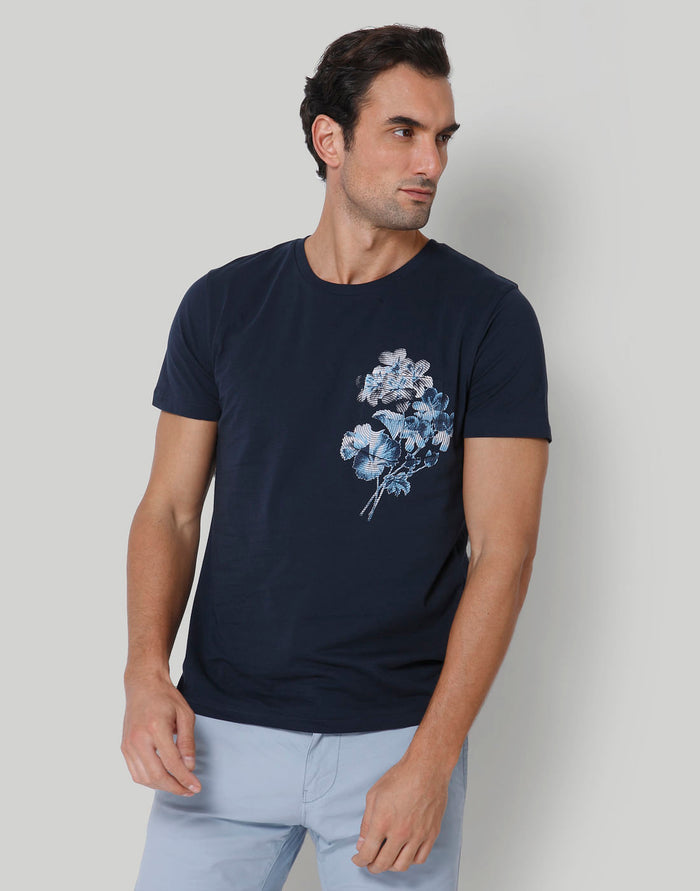 Blue Floral Print Crew Neck T-Shirt