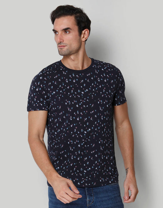 Blue Floral Print Crew Neck T-Shirt