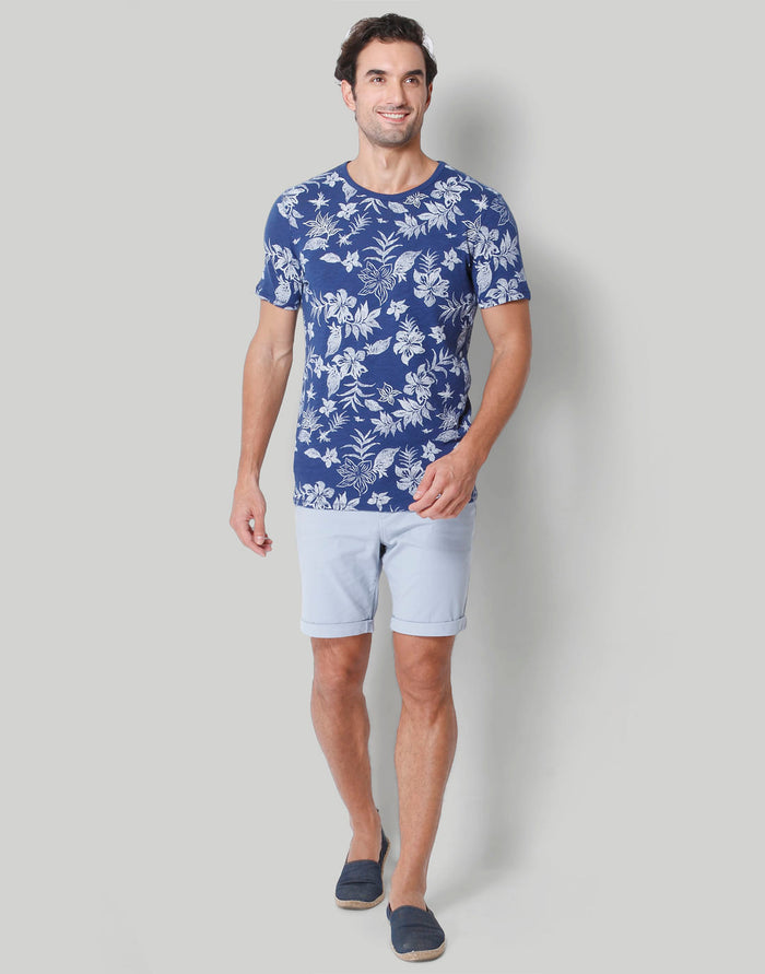 Blue Floral Print Crew Neck T-Shirt