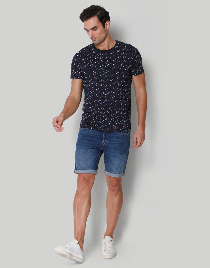 Blue Floral Print Crew Neck T-Shirt