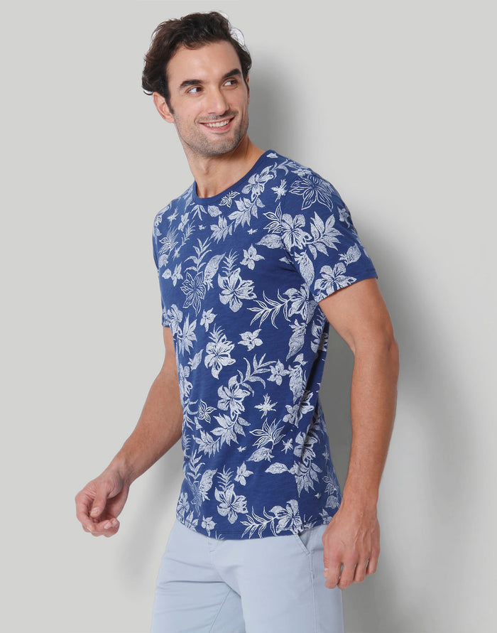 Blue Floral Print Crew Neck T-Shirt
