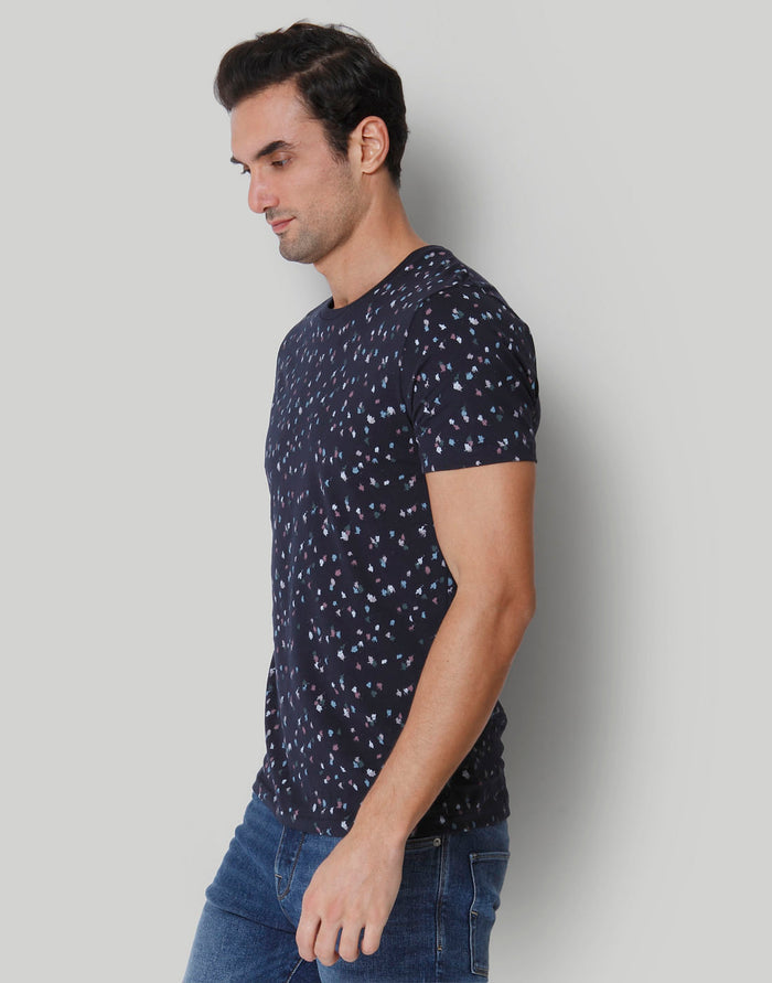 Blue Floral Print Crew Neck T-Shirt