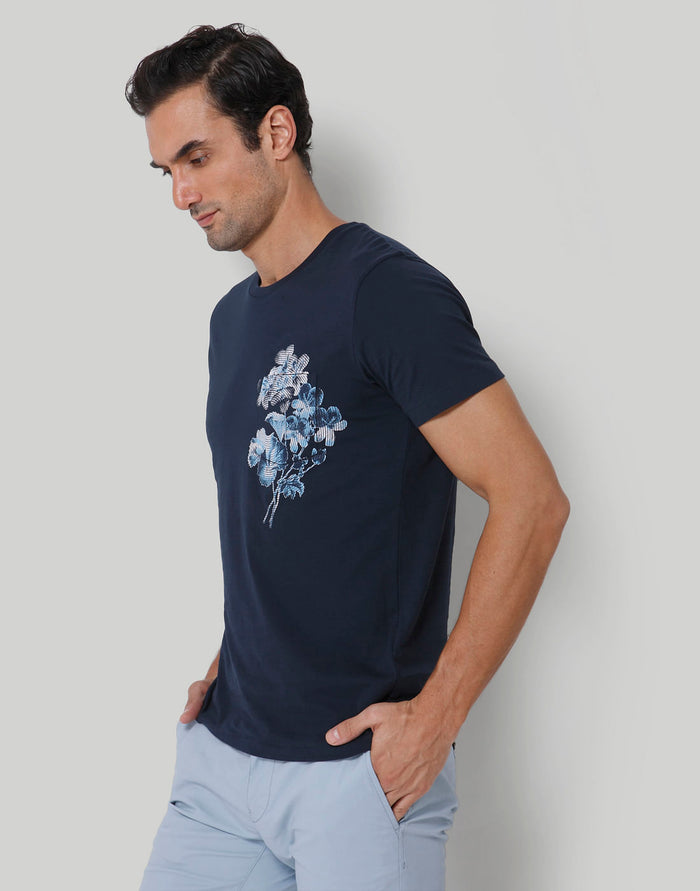 Blue Floral Print Crew Neck T-Shirt