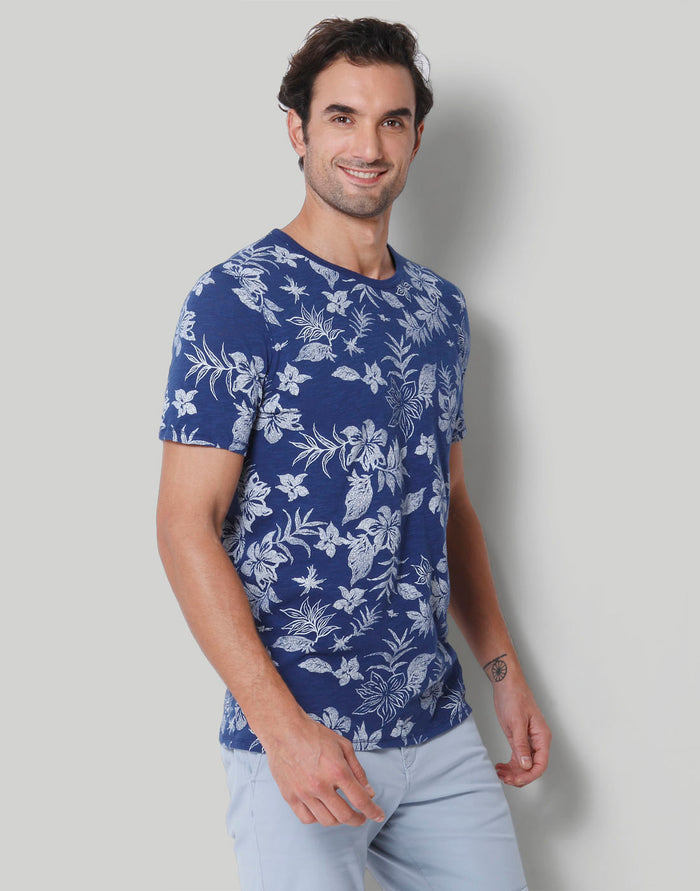 Blue Floral Print Crew Neck T-Shirt